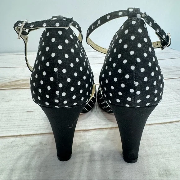 Lola Black & White Polka Dot Heels Peep Toe Ankle Strap ModCloth by Chelsea Crew - Picture 9 of 14